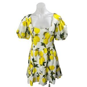 English Factory White Yellow Lemon Short Puff Sleeve Fit & Flare Mini Dress S